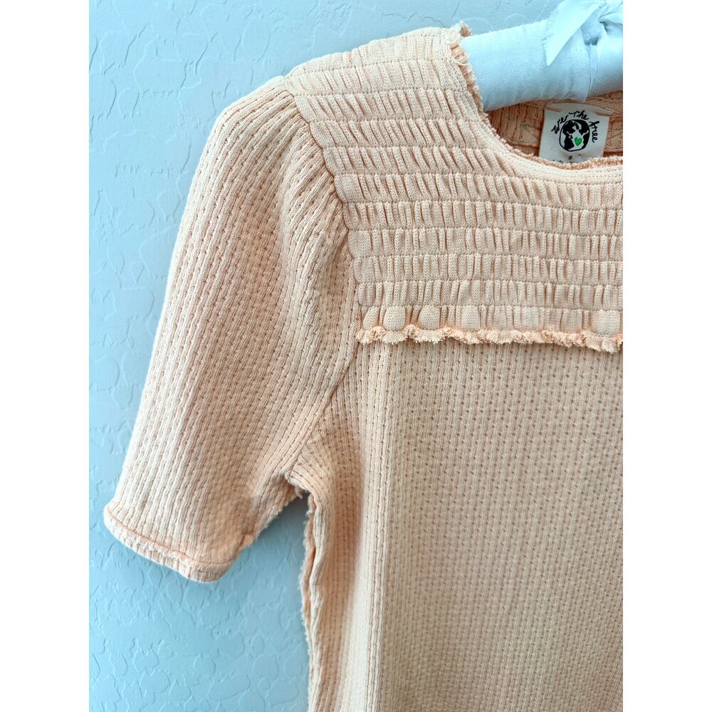 FREE PEOPLE We The Free Peach Smocked Top Short Sleeve Knit Boho Tee NWT | Small - Picture 3 of 9